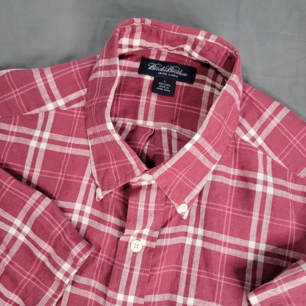 Brooks Brothers Irish Linen Shirt Mens Large Red Plaid Button Down Short Sleeve